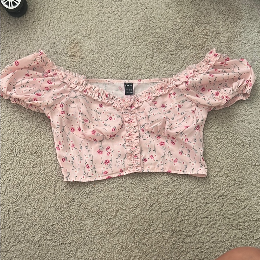 SHEIN Pink Puff Sleeve Smocked Crop Blouse
